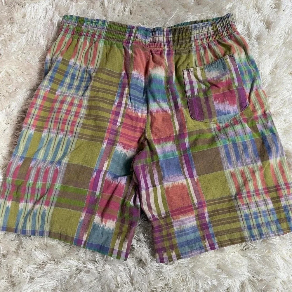 Vintage 80s Madras Plaid Elastic Waist Shorts Cotton Made in USA Mens Large